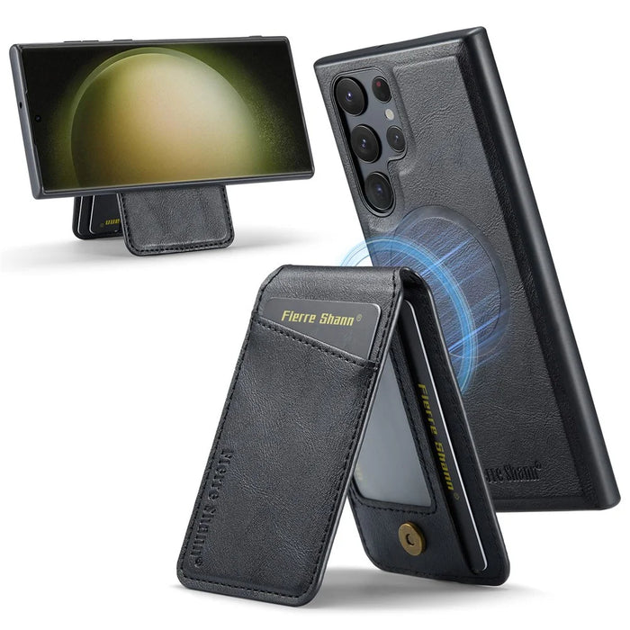 FIERRE SHANN 025 Style For Samsung Galaxy S23 Ultra Kickstand Case PU+TPU Phone Cover with Card Bag - Black - 1