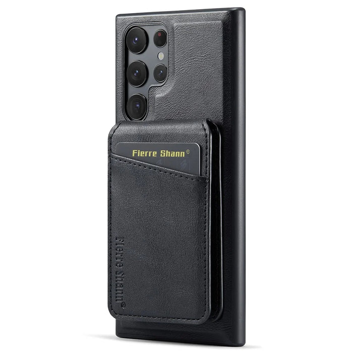 FIERRE SHANN 025 Style For Samsung Galaxy S23 Ultra Kickstand Case PU+TPU Phone Cover with Card Bag - Black - 3