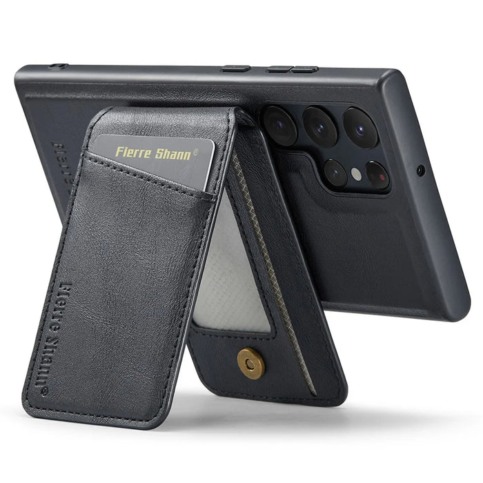 FIERRE SHANN 025 Style For Samsung Galaxy S23 Ultra Kickstand Case PU+TPU Phone Cover with Card Bag - Black - 4