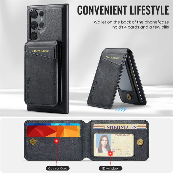 FIERRE SHANN 025 Style For Samsung Galaxy S23 Ultra Kickstand Case PU+TPU Phone Cover with Card Bag - Black - 6