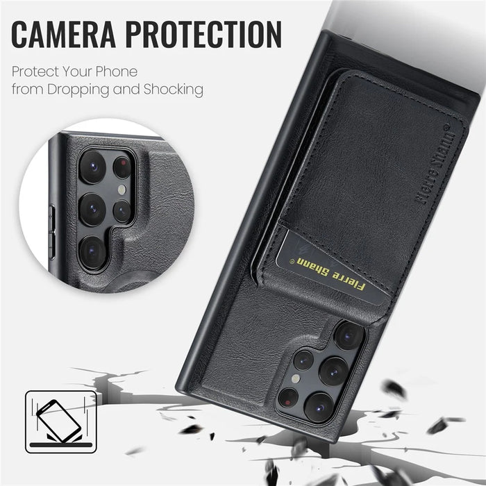 FIERRE SHANN 025 Style For Samsung Galaxy S23 Ultra Kickstand Case PU+TPU Phone Cover with Card Bag - Black - 7
