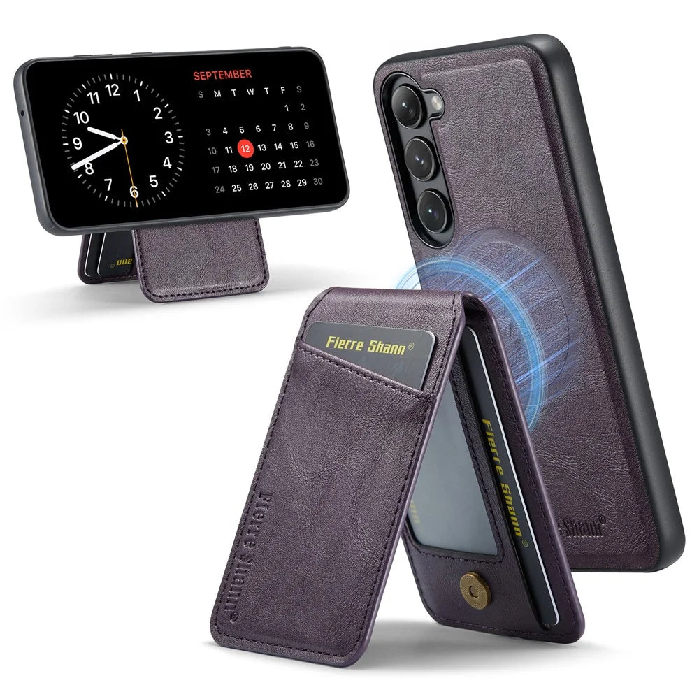 FIERRE SHANN 025 Style For Samsung Galaxy S23 Case Leather Back Cover Detachable RFID Blocking Card Holder - Purple - 1