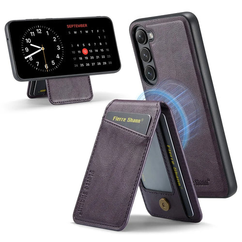 FIERRE SHANN 025 Style For Samsung Galaxy S23 Case Leather Back Cover Detachable RFID Blocking Card Holder - Purple - 1