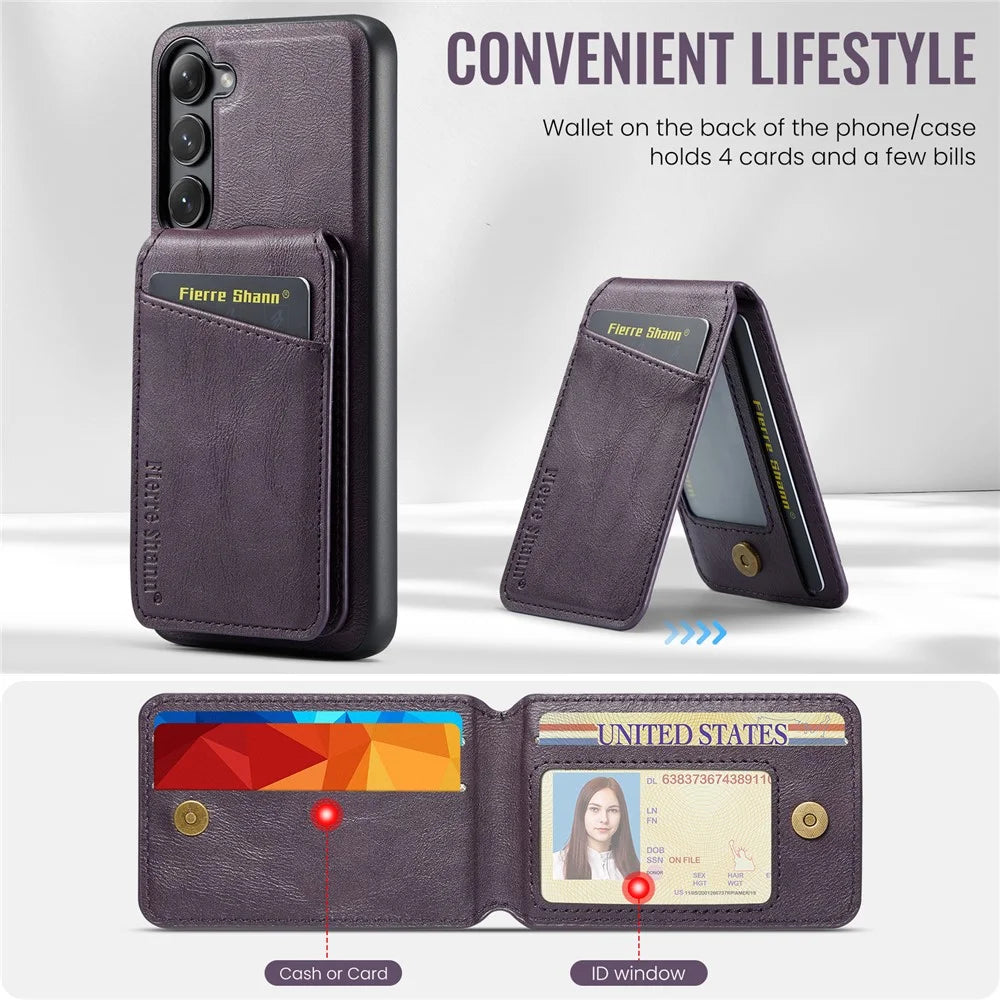 FIERRE SHANN 025 Style For Samsung Galaxy S23 Case Leather Back Cover Detachable RFID Blocking Card Holder - Purple - 6