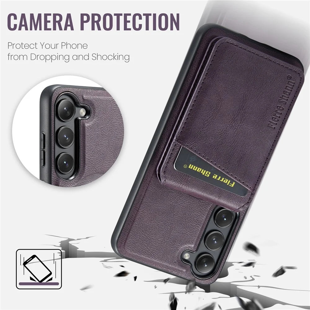 FIERRE SHANN 025 Style For Samsung Galaxy S23 Case Leather Back Cover Detachable RFID Blocking Card Holder - Purple - 7
