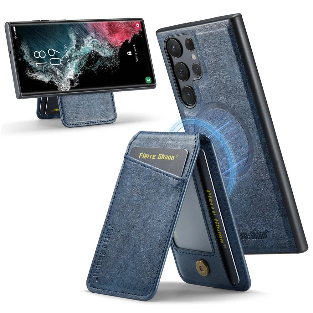 FIERRE SHANN 025 Style For Samsung Galaxy S22 Ultra 5G Case RFID Blocking Leather+TPU Phone Cover Detachable - Blue - 1