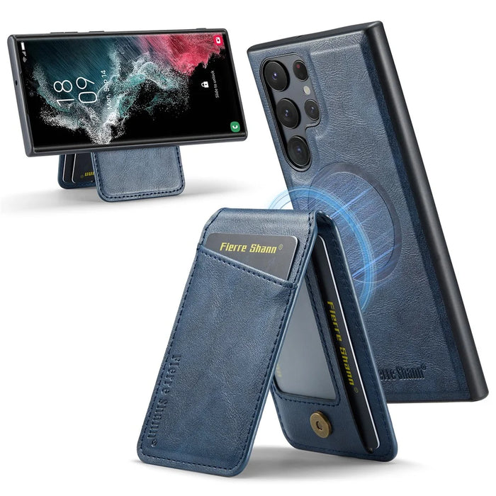 FIERRE SHANN 025 Style For Samsung Galaxy S22 Ultra 5G Case RFID Blocking Leather+TPU Phone Cover Detachable - Blue - 1