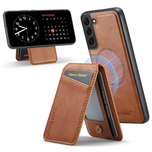 FIERRE SHANN 025 Style For Samsung Galaxy S22+ 5G Case Magnetic Phone Cover Detachable Card Slots - Brown - 1