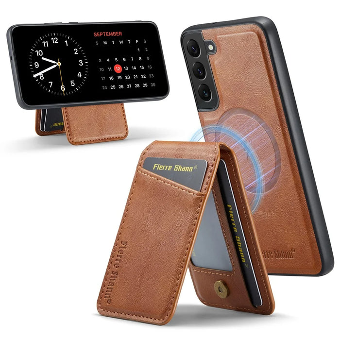 FIERRE SHANN 025 Style For Samsung Galaxy S22+ 5G Case Magnetic Phone Cover Detachable Card Slots - Brown - 1