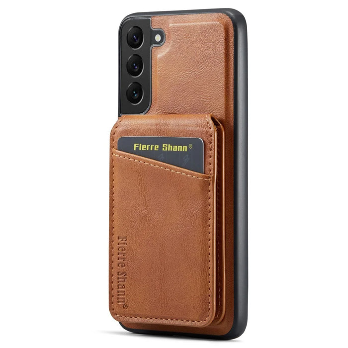 FIERRE SHANN 025 Style For Samsung Galaxy S22+ 5G Case Magnetic Phone Cover Detachable Card Slots - Brown - 3