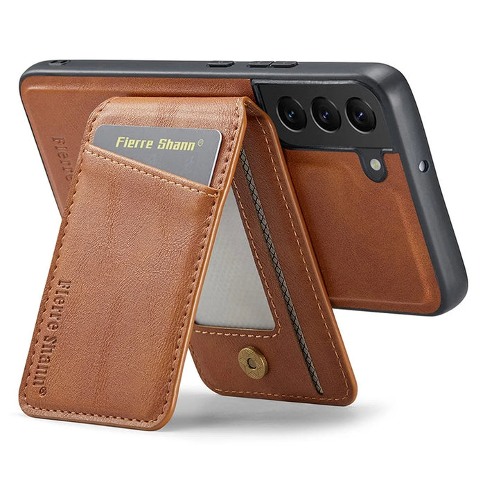 FIERRE SHANN 025 Style For Samsung Galaxy S22+ 5G Case Magnetic Phone Cover Detachable Card Slots - Brown - 4