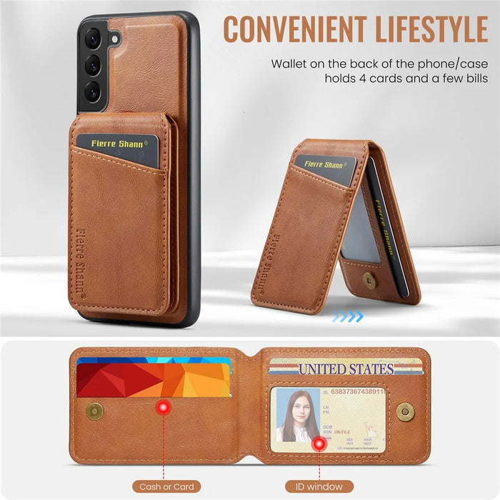 FIERRE SHANN 025 Style For Samsung Galaxy S22+ 5G Case Magnetic Phone Cover Detachable Card Slots - Brown - 6