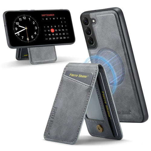 FIERRE SHANN 025 Style For Samsung Galaxy S22 5G Case PU+TPU Kickstand Phone Cover with Card Bag - Grey - 1