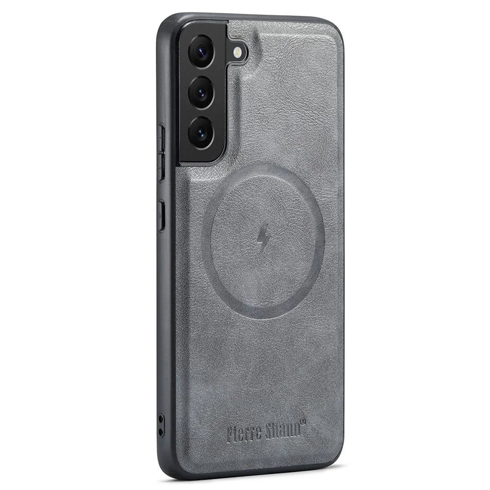 FIERRE SHANN 025 Style For Samsung Galaxy S22 5G Case PU+TPU Kickstand Phone Cover with Card Bag - Grey - 2