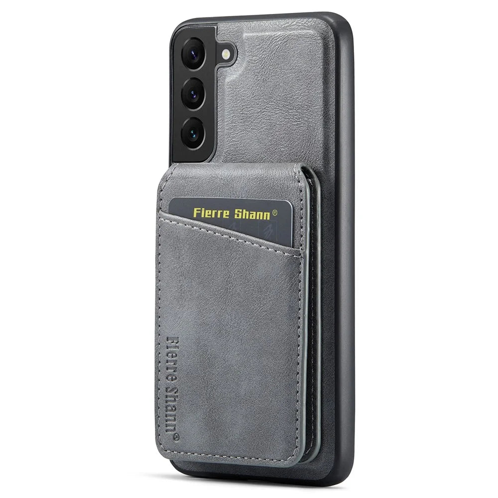 FIERRE SHANN 025 Style For Samsung Galaxy S22 5G Case PU+TPU Kickstand Phone Cover with Card Bag - Grey - 3