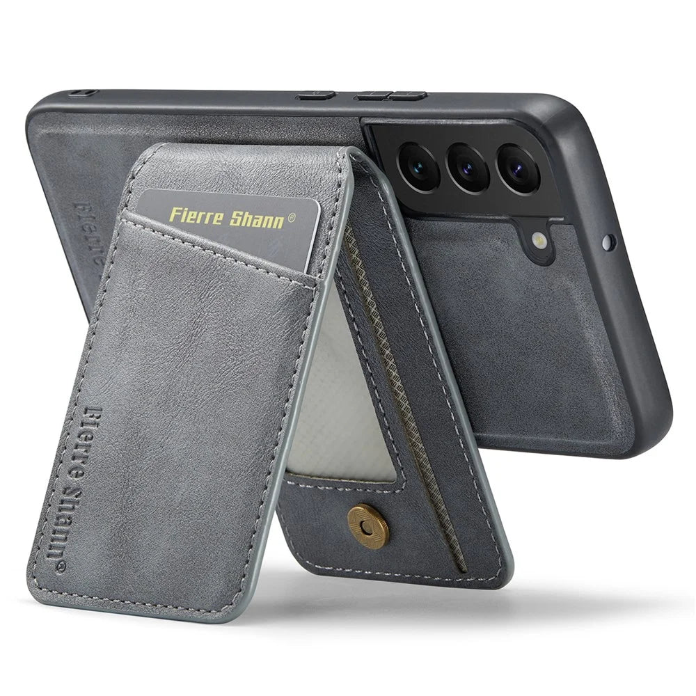 FIERRE SHANN 025 Style For Samsung Galaxy S22 5G Case PU+TPU Kickstand Phone Cover with Card Bag - Grey - 4