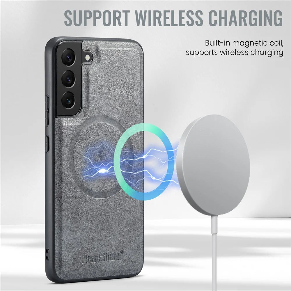 FIERRE SHANN 025 Style For Samsung Galaxy S22 5G Case PU+TPU Kickstand Phone Cover with Card Bag - Grey - 5