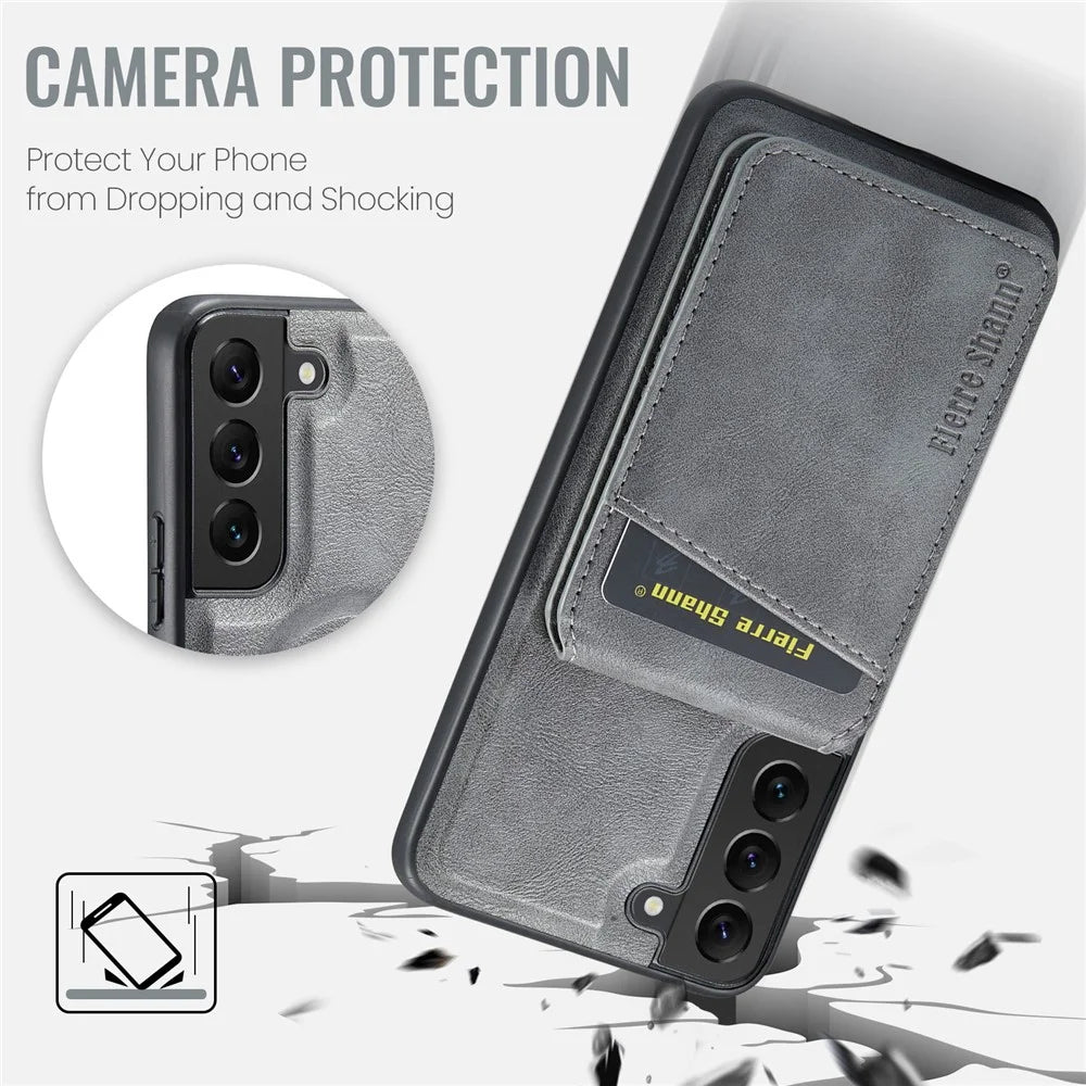 FIERRE SHANN 025 Style For Samsung Galaxy S22 5G Case PU+TPU Kickstand Phone Cover with Card Bag - Grey - 7