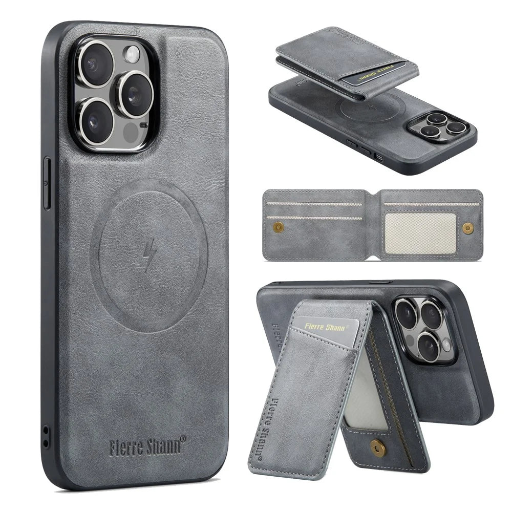 FIERRE SHANN 025 Style For iPhone 15 Pro Max Magnetic Case Leather+TPU Phone Cover Card Slots - Grey - 2