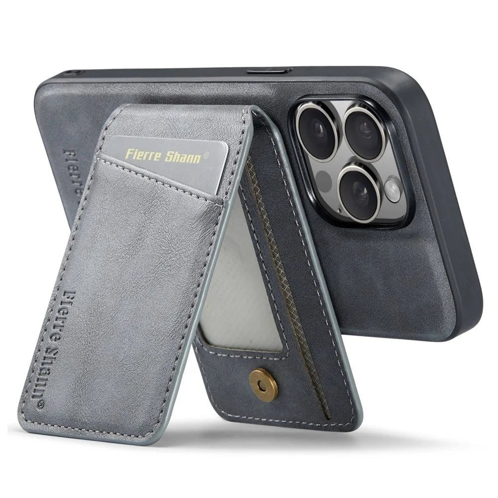 FIERRE SHANN 025 Style For iPhone 15 Pro Max Magnetic Case Leather+TPU Phone Cover Card Slots - Grey - 4