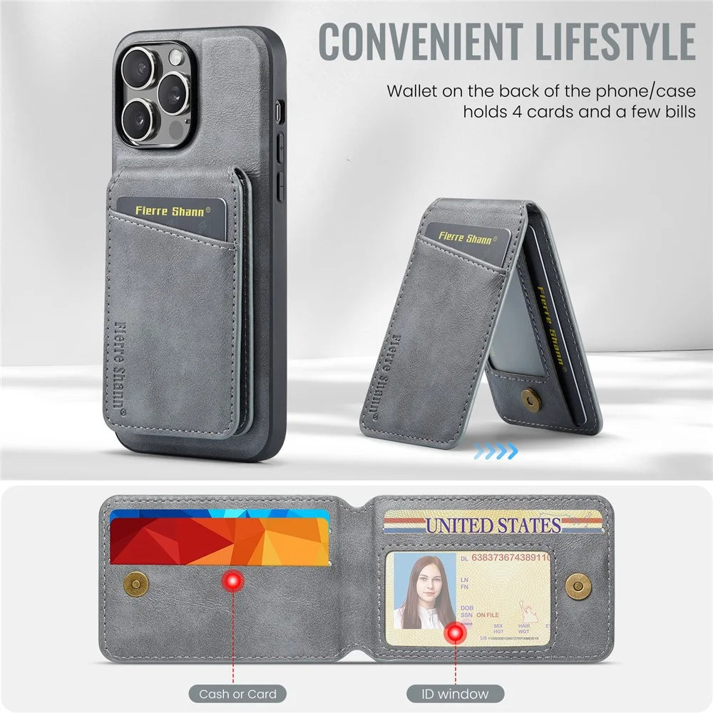 FIERRE SHANN 025 Style For iPhone 15 Pro Max Magnetic Case Leather+TPU Phone Cover Card Slots - Grey - 6