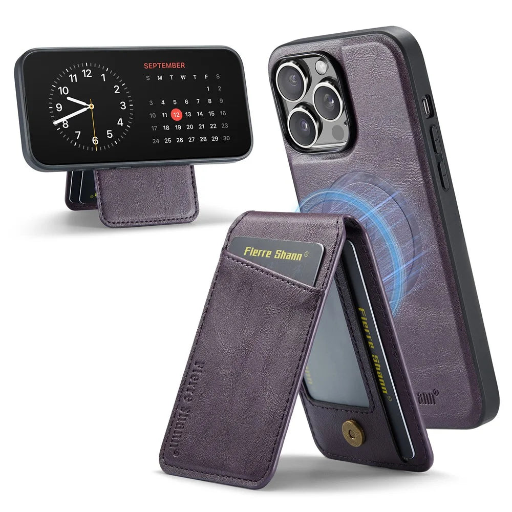 FIERRE SHANN 025 Style For iPhone 15 Pro Case Magnetic Card Slots Leather Coated TPU Cover - Purple - 1