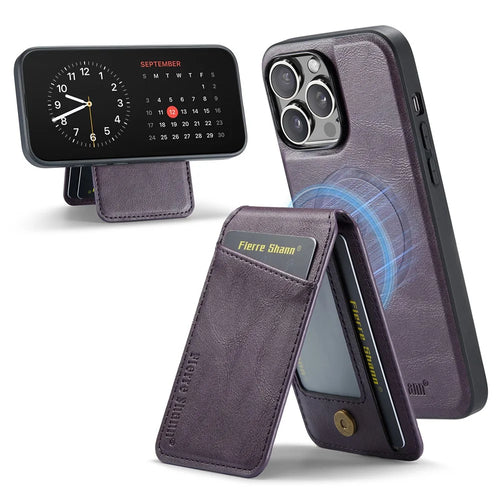 FIERRE SHANN 025 Style For iPhone 15 Pro Case Magnetic Card Slots Leather Coated TPU Cover - Purple - 1