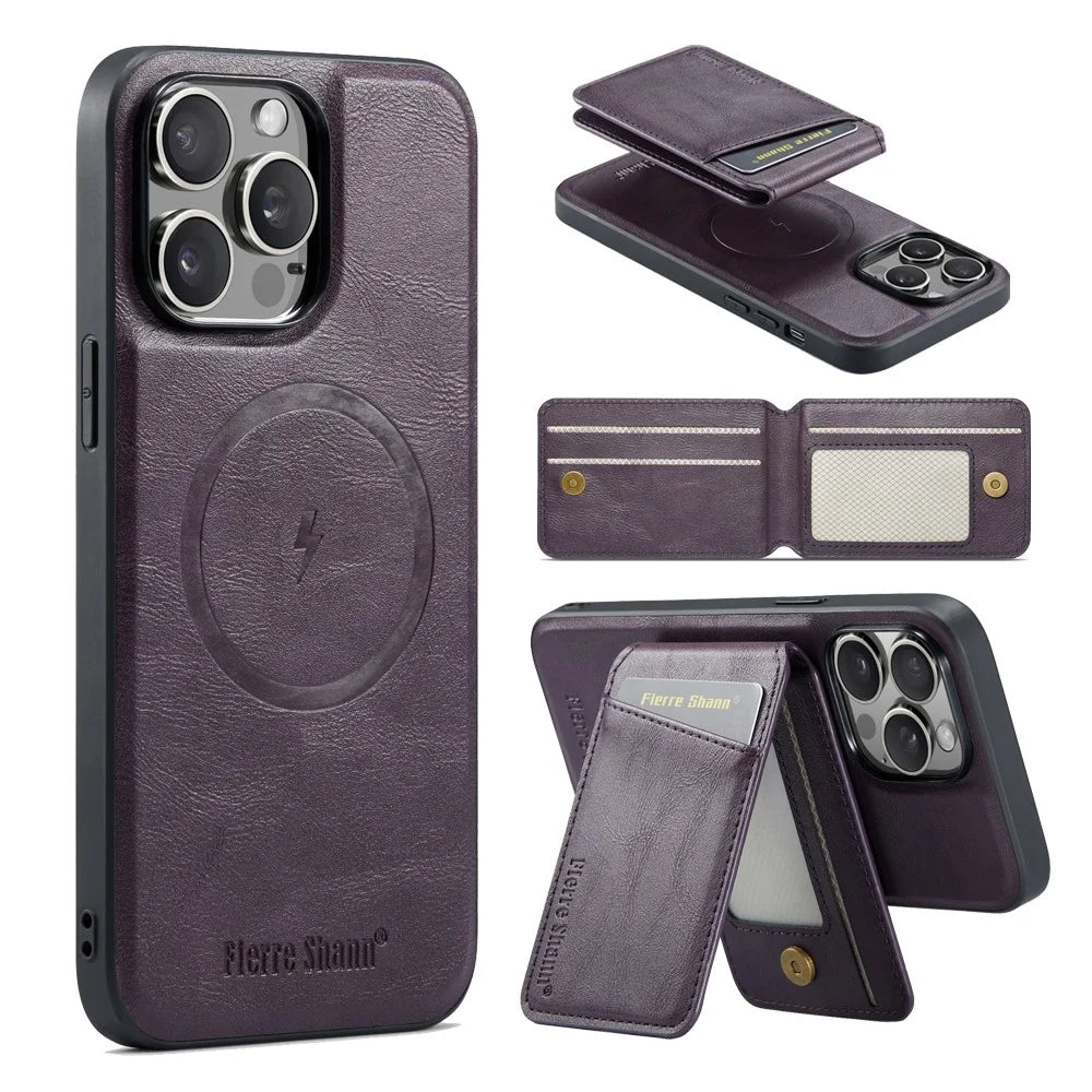 FIERRE SHANN 025 Style For iPhone 15 Pro Case Magnetic Card Slots Leather Coated TPU Cover - Purple - 2