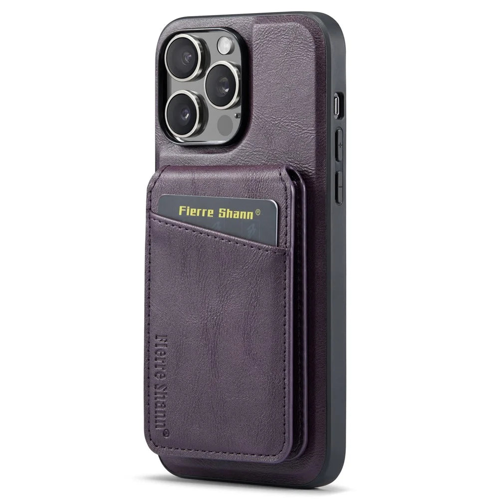 FIERRE SHANN 025 Style For iPhone 15 Pro Case Magnetic Card Slots Leather Coated TPU Cover - Purple - 3