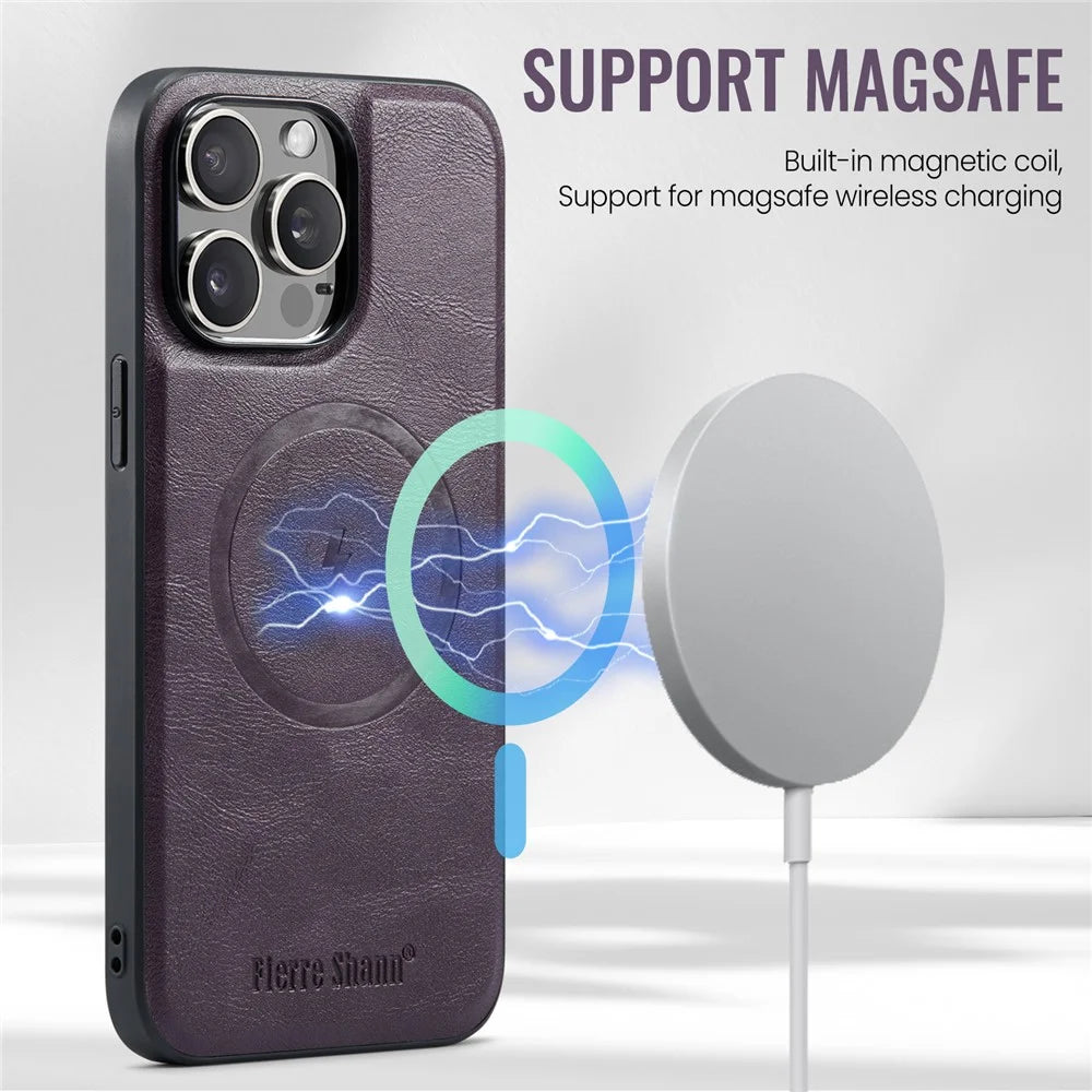 FIERRE SHANN 025 Style For iPhone 15 Pro Case Magnetic Card Slots Leather Coated TPU Cover - Purple - 5