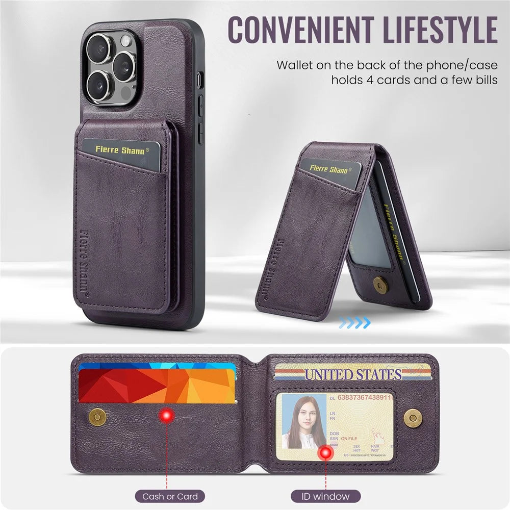 FIERRE SHANN 025 Style For iPhone 15 Pro Case Magnetic Card Slots Leather Coated TPU Cover - Purple - 6