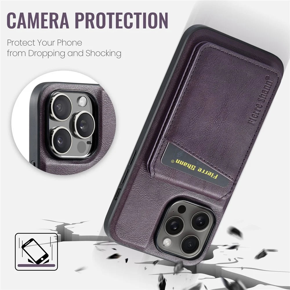 FIERRE SHANN 025 Style For iPhone 15 Pro Case Magnetic Card Slots Leather Coated TPU Cover - Purple - 7