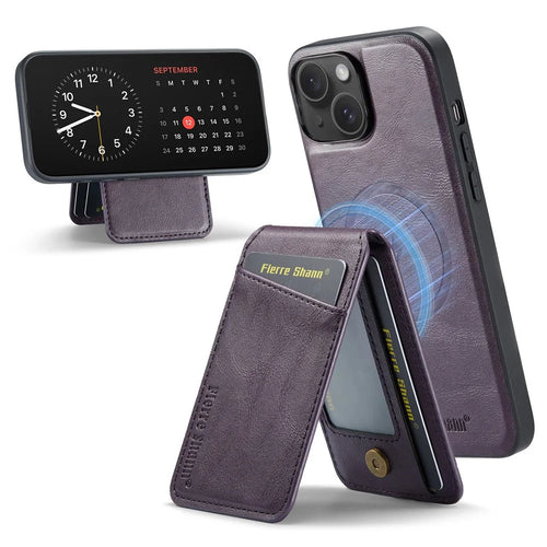FIERRE SHANN 025 Style For iPhone 15 Plus Case with Detachable Card Holder Kickstand Leather+TPU Phone Cover - Purple - 1