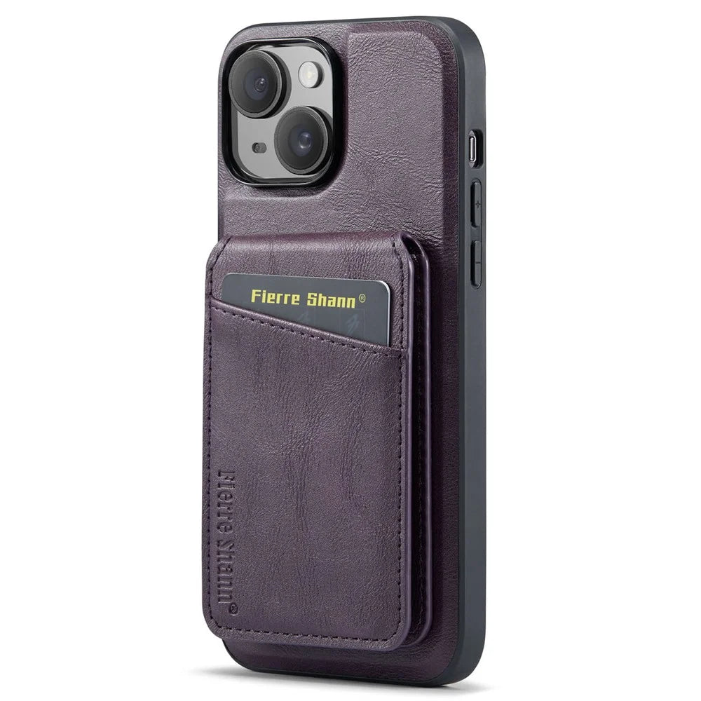 FIERRE SHANN 025 Style For iPhone 15 Plus Case with Detachable Card Holder Kickstand Leather+TPU Phone Cover - Purple - 3