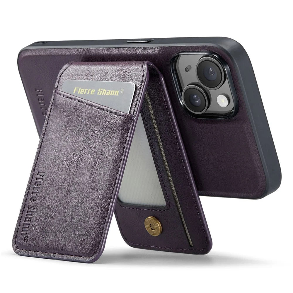 FIERRE SHANN 025 Style For iPhone 15 Plus Case with Detachable Card Holder Kickstand Leather+TPU Phone Cover - Purple - 4