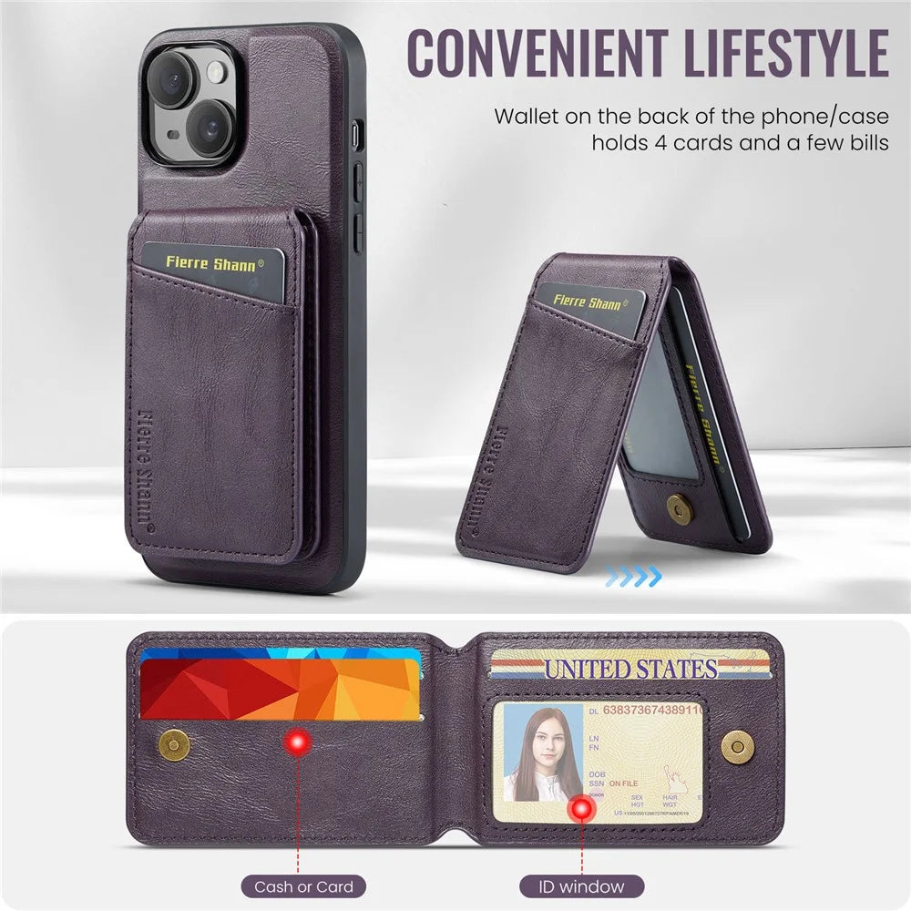 FIERRE SHANN 025 Style For iPhone 15 Plus Case with Detachable Card Holder Kickstand Leather+TPU Phone Cover - Purple - 6