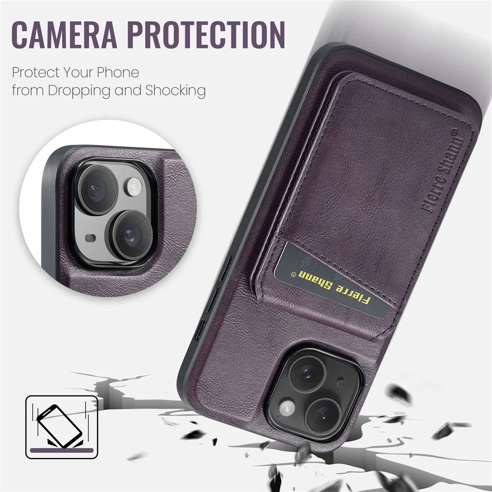 FIERRE SHANN 025 Style For iPhone 15 Plus Case with Detachable Card Holder Kickstand Leather+TPU Phone Cover - Purple - 7