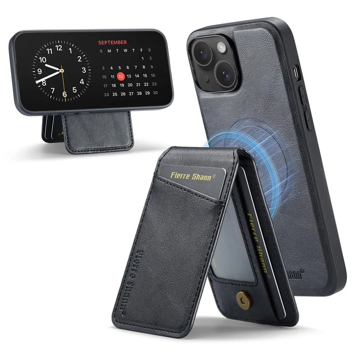 FIERRE SHANN 025 Style For iPhone 14 Plus Case Kickstand Card Slots Leather Back Phone Cover - Black - 1