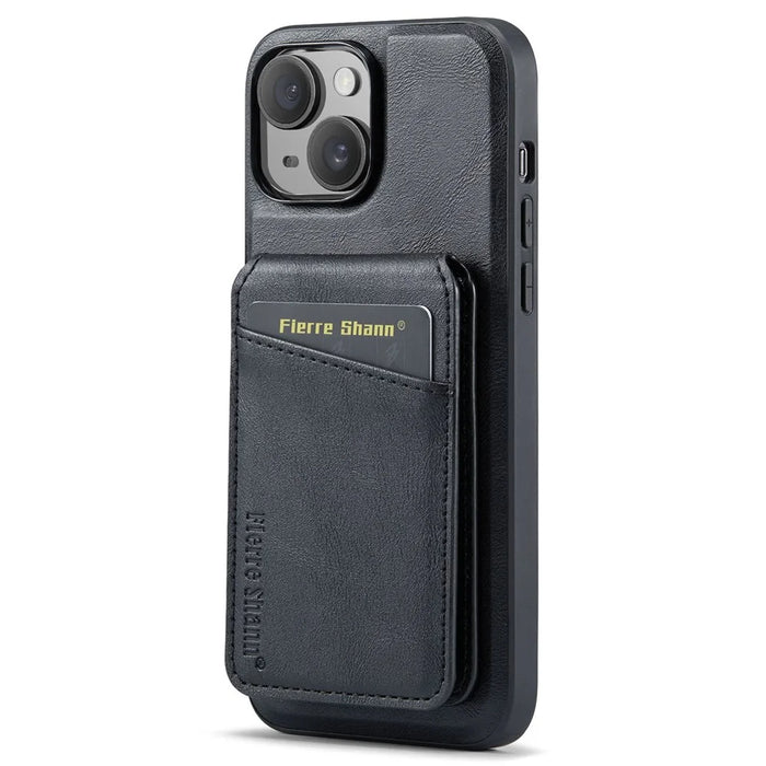 FIERRE SHANN 025 Style For iPhone 14 Plus Case Kickstand Card Slots Leather Back Phone Cover - Black - 3