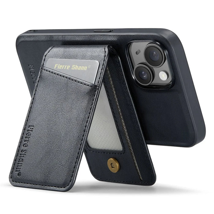 FIERRE SHANN 025 Style For iPhone 14 Plus Case Kickstand Card Slots Leather Back Phone Cover - Black - 4
