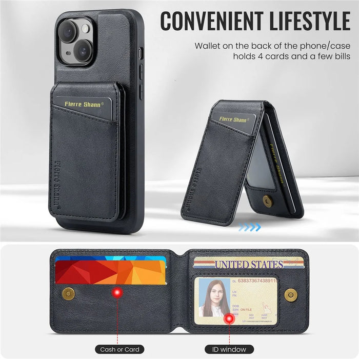 FIERRE SHANN 025 Style For iPhone 14 Plus Case Kickstand Card Slots Leather Back Phone Cover - Black - 6