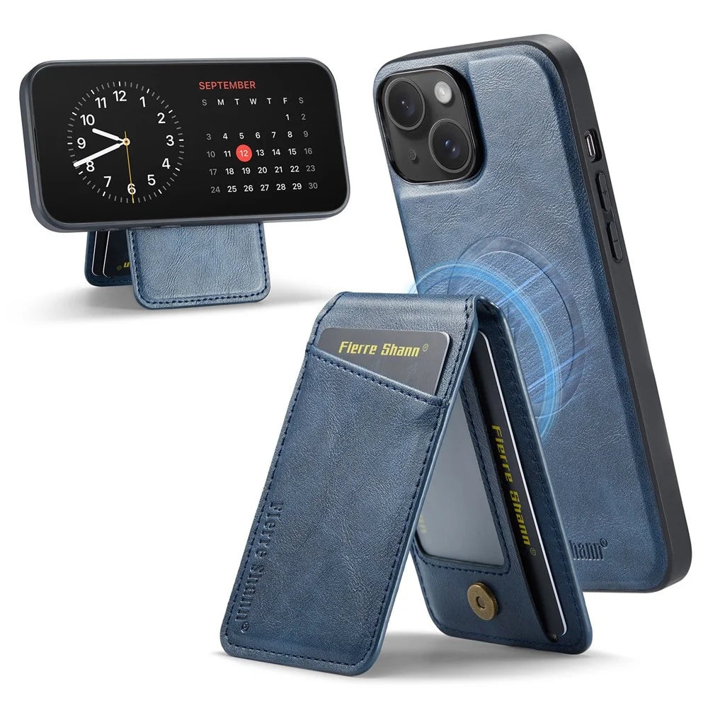 FIERRE SHANN 025 Style For iPhone 15 Case Kickstand PU+TPU Phone Cover with Card Bag - Blue - 1