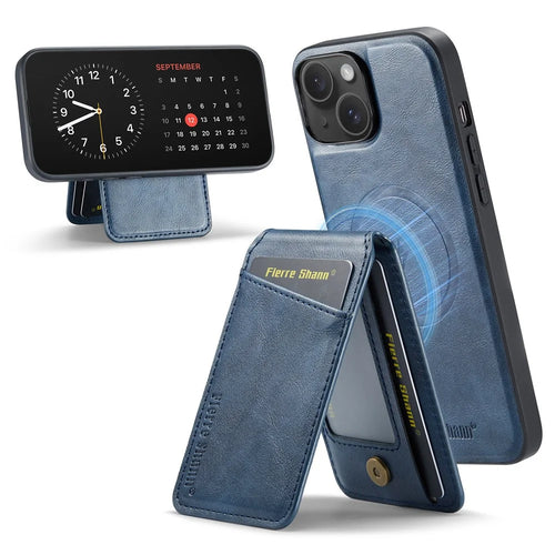 FIERRE SHANN 025 Style For iPhone 15 Case Kickstand PU+TPU Phone Cover with Card Bag - Blue - 1