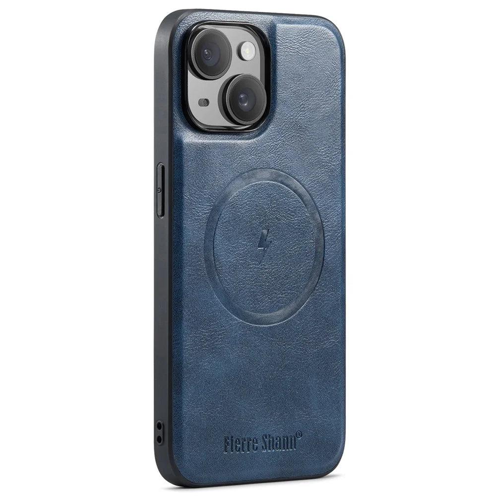 FIERRE SHANN 025 Style For iPhone 15 Case Kickstand PU+TPU Phone Cover with Card Bag - Blue - 2