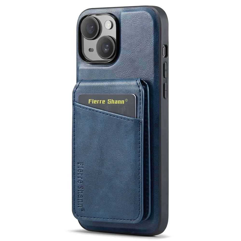 FIERRE SHANN 025 Style For iPhone 15 Case Kickstand PU+TPU Phone Cover with Card Bag - Blue - 3