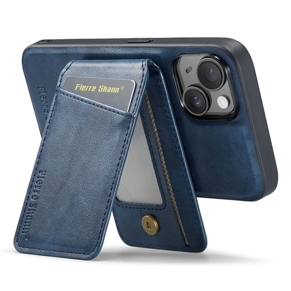 FIERRE SHANN 025 Style For iPhone 15 Case Kickstand PU+TPU Phone Cover with Card Bag - Blue - 4