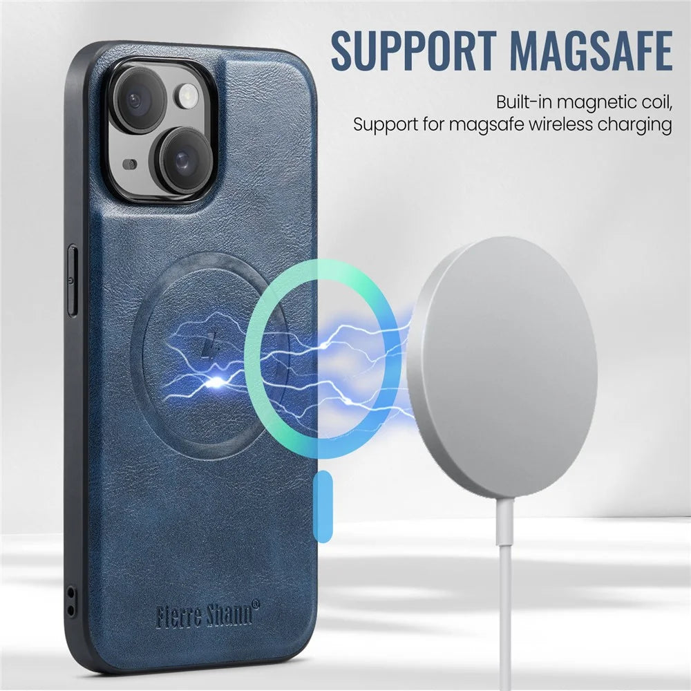 FIERRE SHANN 025 Style For iPhone 15 Case Kickstand PU+TPU Phone Cover with Card Bag - Blue - 5