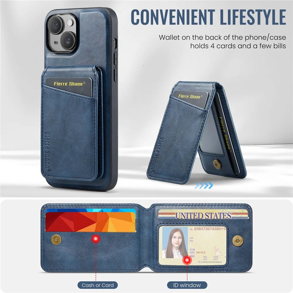 FIERRE SHANN 025 Style For iPhone 15 Case Kickstand PU+TPU Phone Cover with Card Bag - Blue - 6
