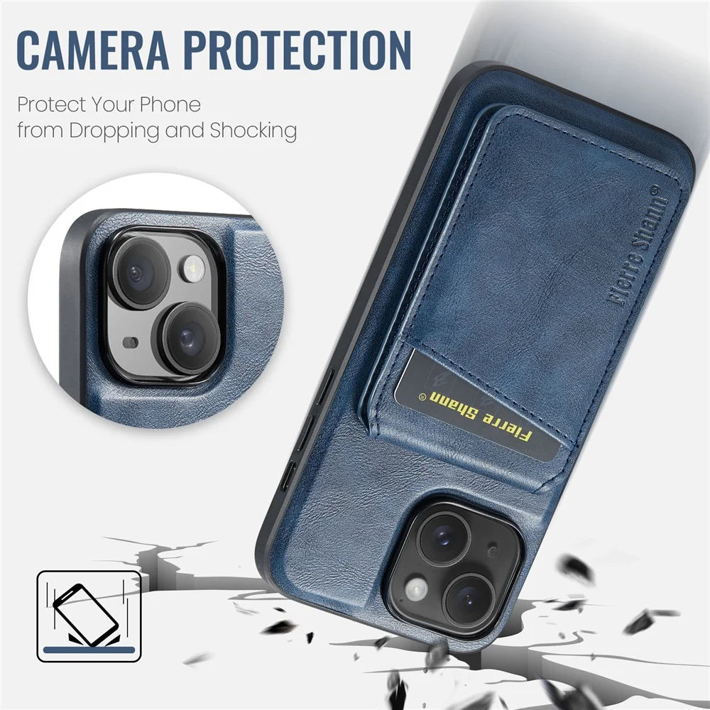 FIERRE SHANN 025 Style For iPhone 15 Case Kickstand PU+TPU Phone Cover with Card Bag - Blue - 7