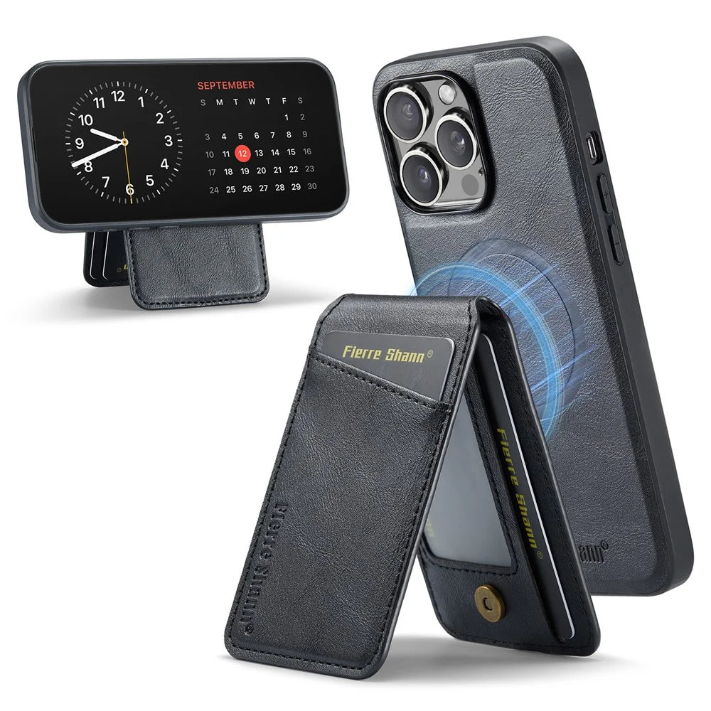 FIERRE SHANN 025 Style For iPhone 14 Pro Max Case Card Holder Leather+TPU Phone Cover Wireless Charging - Black - 1